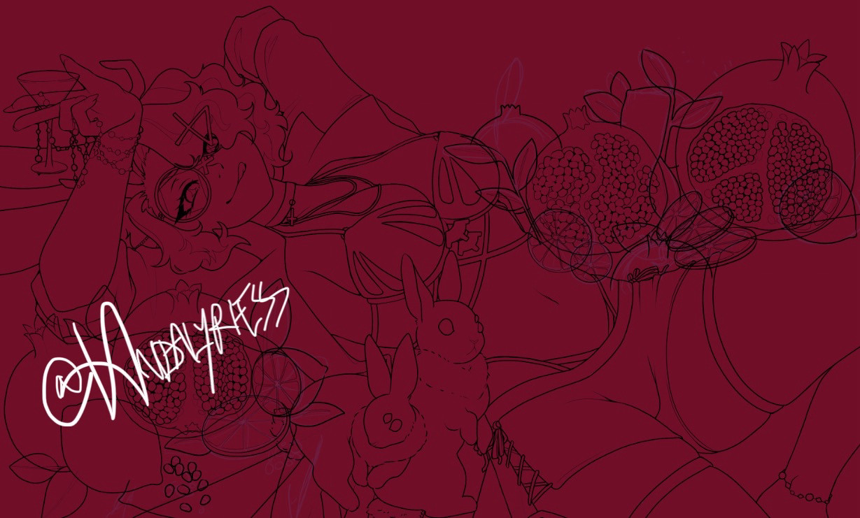 Lined sketch of Vtuber Vandalyriess laying on their back with a martini glass in hand, surrounded by drawings of pomegranates, limes, and bunny rabbits. The text Bunny Bloodlust is written over top, alongside the sketch for some sort of label.