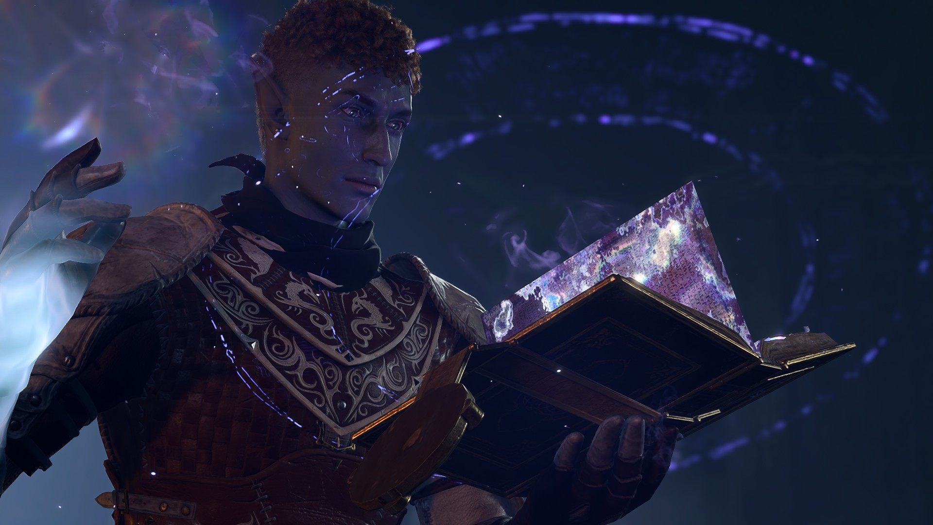 Glennath (a drow) opening the book with a magical flourish, but the purple flourish now encompasses the picture and is growing across the screen