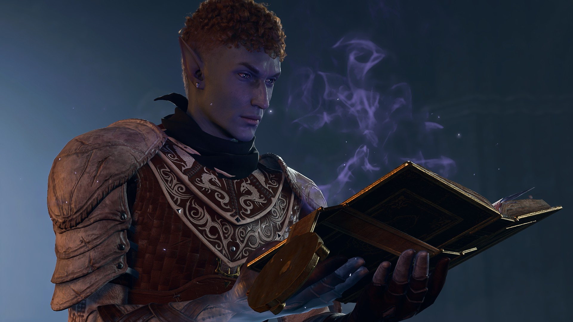 Glennath beginning to read the book as a puff of purple smoke comes out the book 