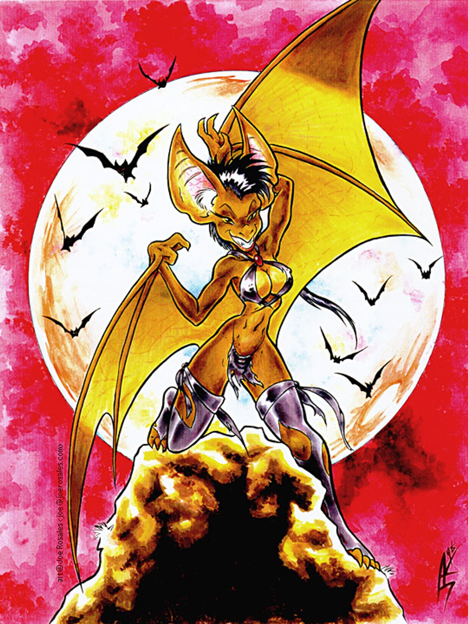 A pinup of a bat girl on a rock in front of a large moon in a red sky. Art by Joe Rosales (joeartguy).