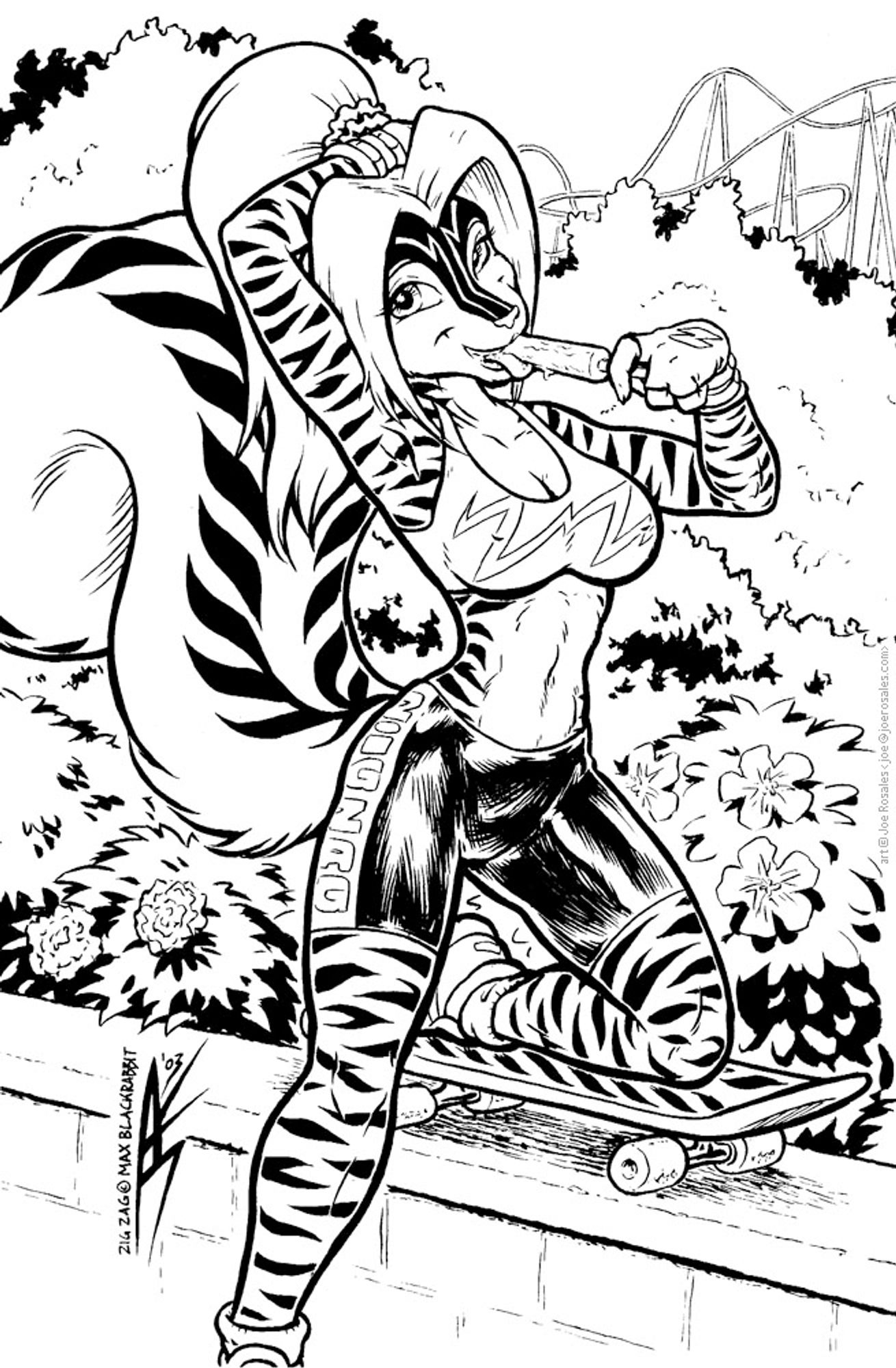 A pinup of Max Blackrabbit's zebra-striped skunk girl ZigZag in workout clothes, with one knee on a skateboard, eating a popsicle. Art by Joe Rosales