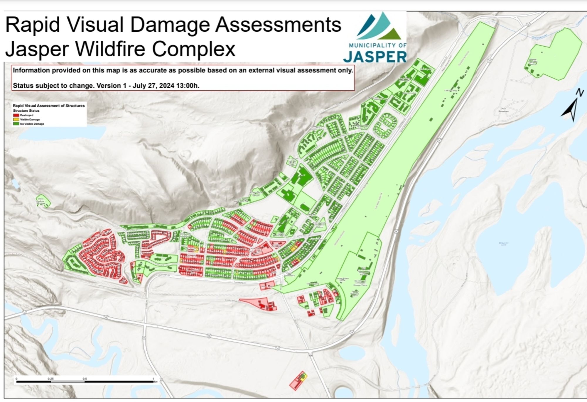 A map showing destroyed buildings in red, damaged in yellow