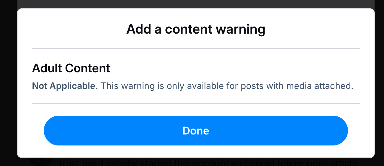 A warning screen reads "Add a content warning." It explains that Adult Content warnings are only available for posts with media attached.