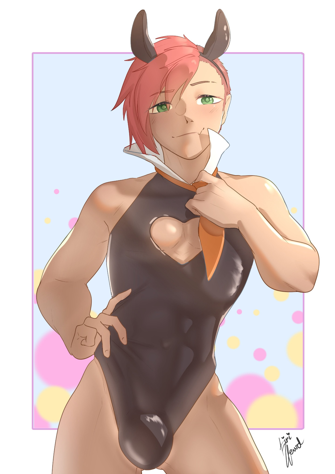 Drawing of a male character wearing a bunnysuit. He has tanned skin and red hair with a side cut, and green eyes.