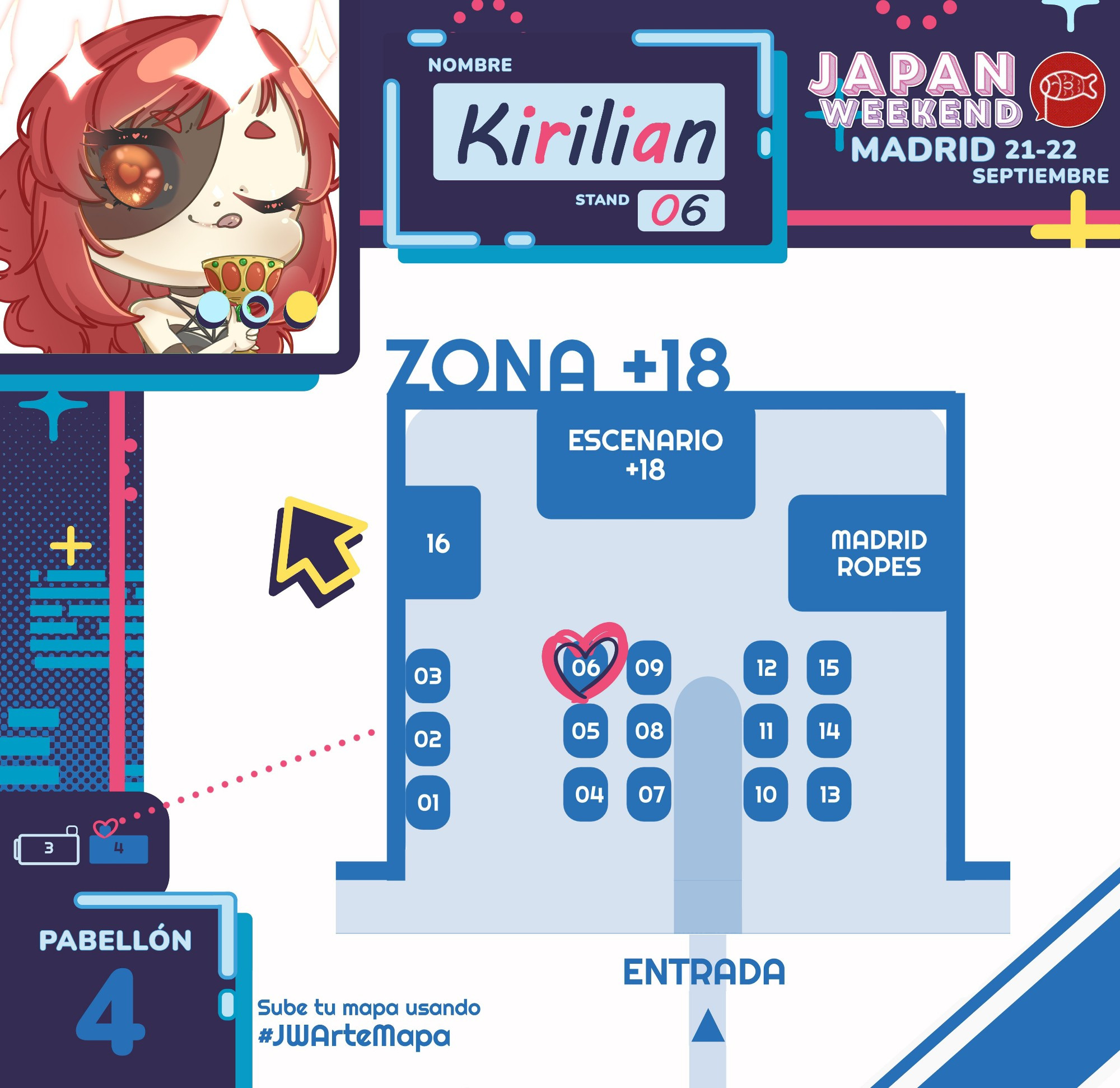 Mapa de la zona +18 de la Japan Weekend Madrid, en el pabellón 4 del IFEMA. Puesto 6, ¡ahí voy a estar!