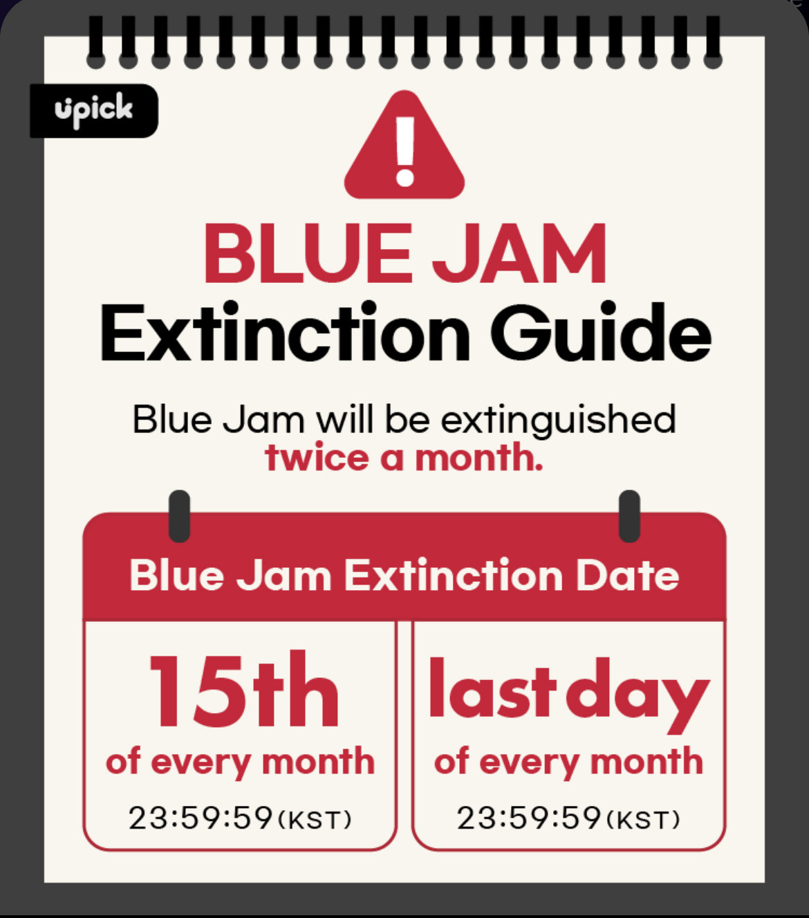 UPICK’s blue jam extinction guide showing that blue jams expire every 15th and last day of each month.