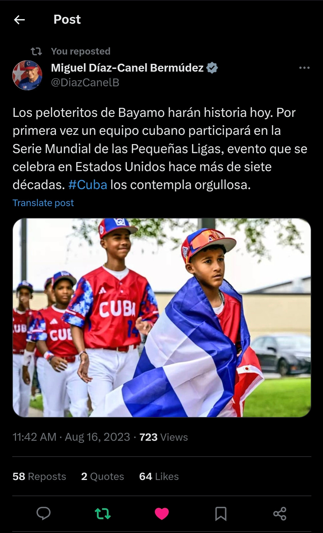 Screenshot of a tweet by the Cuban president with a picture of Cuban little league players: "the player of Bayamo are making history today. For the first time a Cuban team is participating in the Little League World Series, an event celebrated in the United States for over 7 decades. Cuba looks at them with pride."