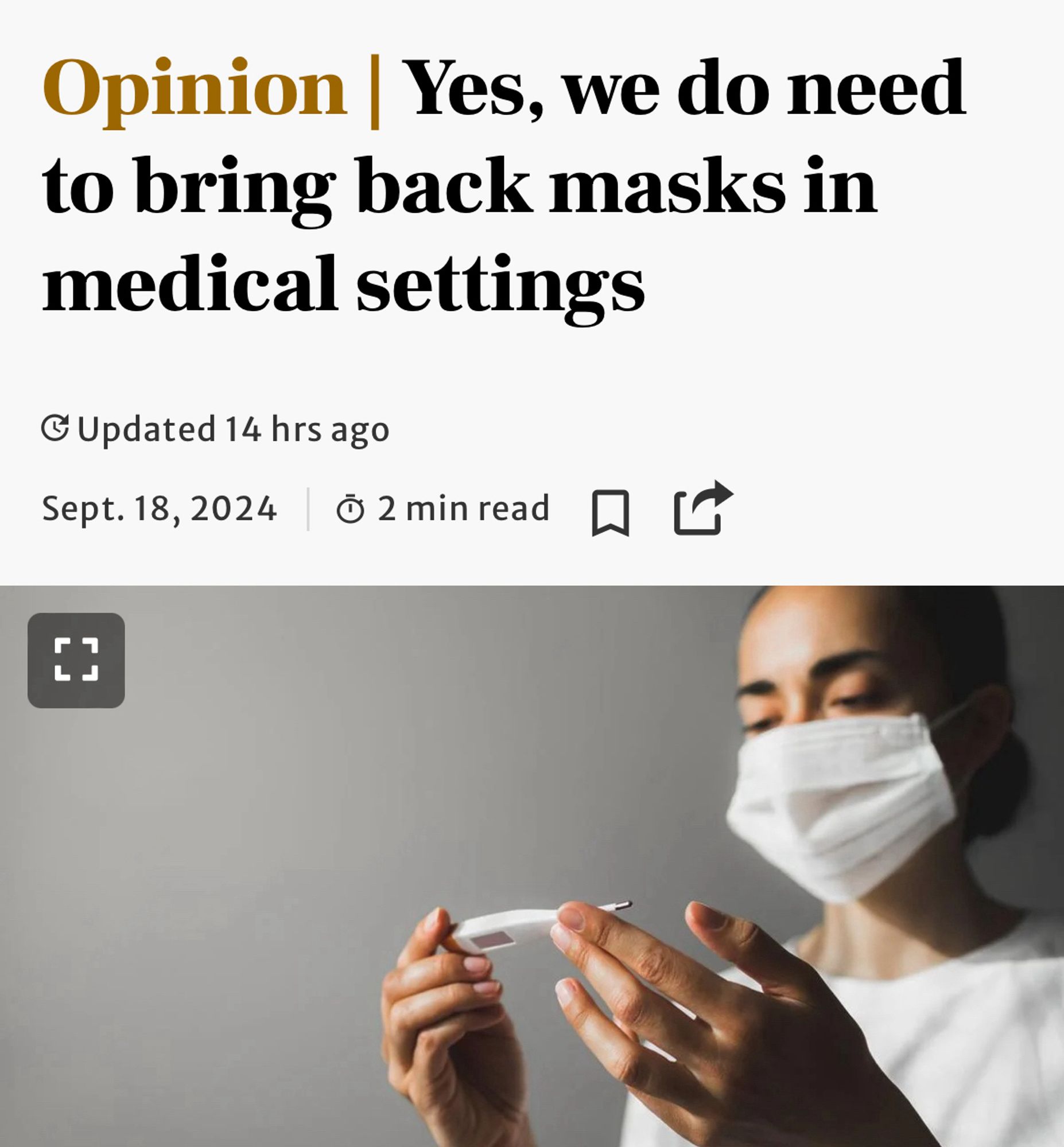 Opinion piece by Toronto Star titled: Yes, we do need to bring back masks in medical settings