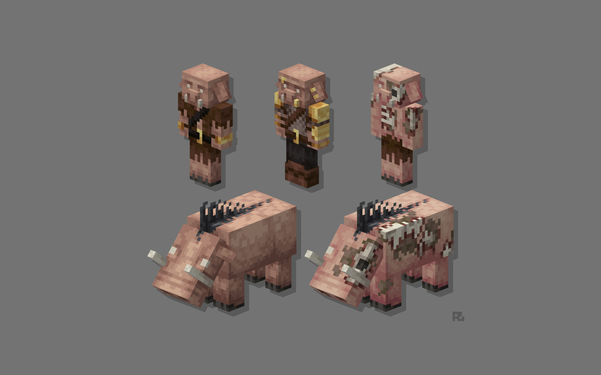 Five creatures from Minecraft split into two rows -- a Piglin, a Piglin Brute, and a Zombified Piglin in the top row, a Hoglin and a Zombified Hoglin in the bottom row, featuring custom textures from Ashen 16x, on a grey field.