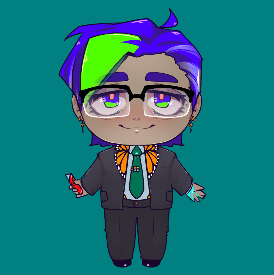 Chibi illustration of the character Microsoft Sam on a teal background.

He has blue hair with a single green highlight towards the front. He is wearing glasses and has a smug/relaxed expression. He is wearing a dark business suit with butterfly wing lapels and a green tie. He is holding a box-cutter in his right hand. His left hand is empty, but has bright teal "blood" dripping from it, because he accidentally hurt himself with the box cutter.