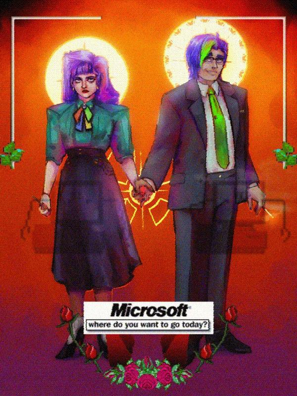 a digital painting of a smug man and an unhappy wife holding hands, with gaudy early 2000s web GIFs overlayed on the painting.