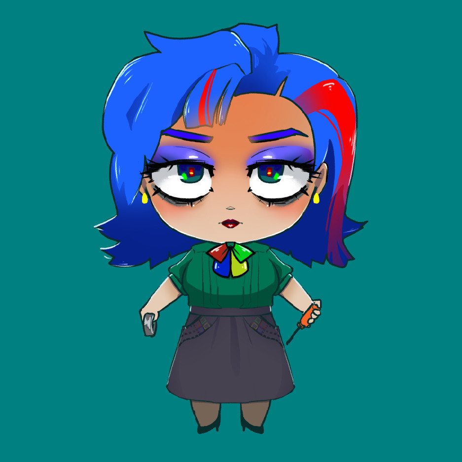 A chibi illustration depicting the character Microsoft Mary.

She has bright blue hair with red streaks. Her hair style is simple and short, just touching her shoulders. She is wearing purple eyeshadow, black mascara, and red lipstick. She has a slightly unhappy expression.

She is wearing a large bowtie with colors that mimic the Windows logo: red, green, blue, yellow. She is wearing a green blouse and a long gray skirt. She is holding a roll of duct-tape in her right hand and is holding a screwdriver in her left.