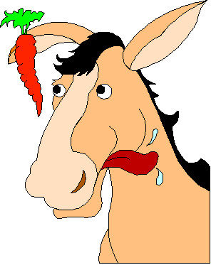 cartoon of a hungry horse looking at carrot mouth drooling yummy