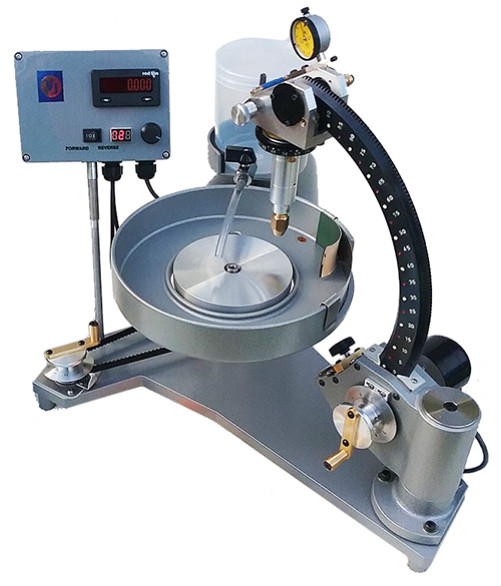 The VJ faceting machine has a half semi-circle to measure 0-90 degrees.