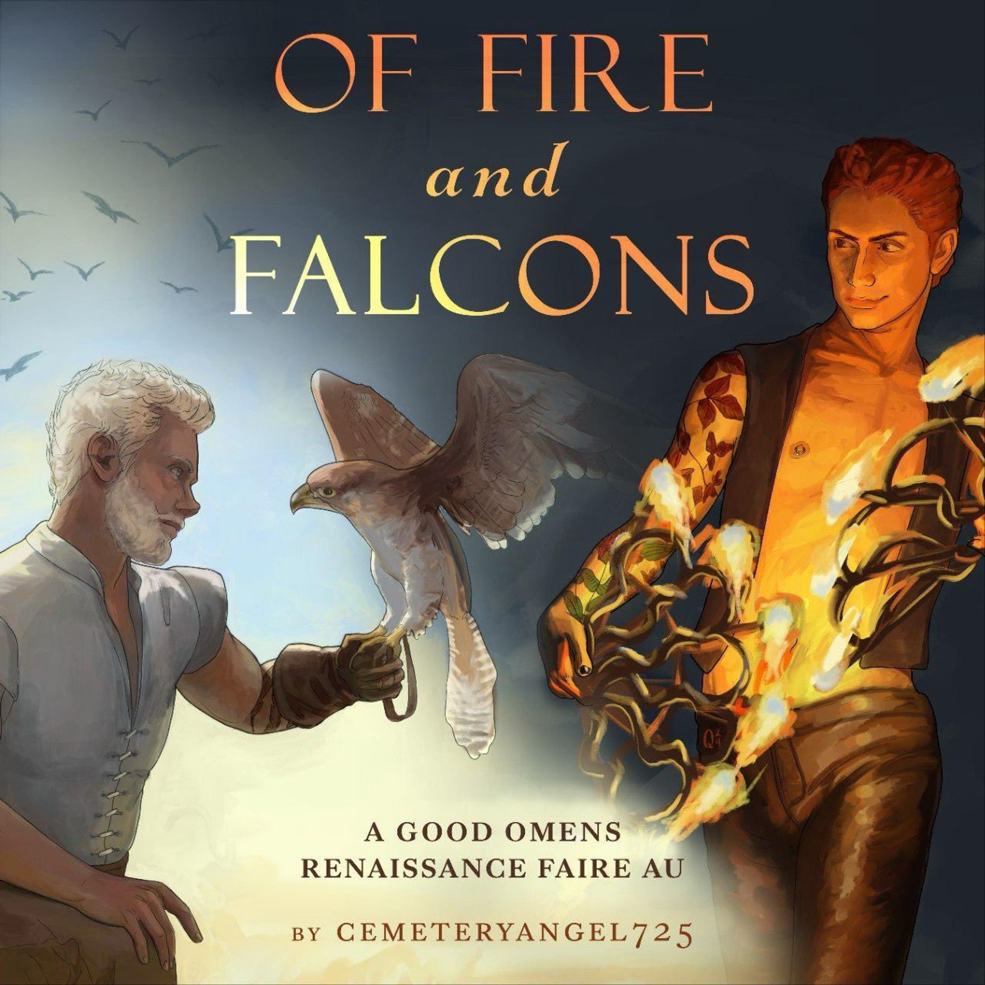 Artwork for Of Fire and Falcons, a Good Omens AU fanfiction. Written by CemeteryAngel725, Art by Quona