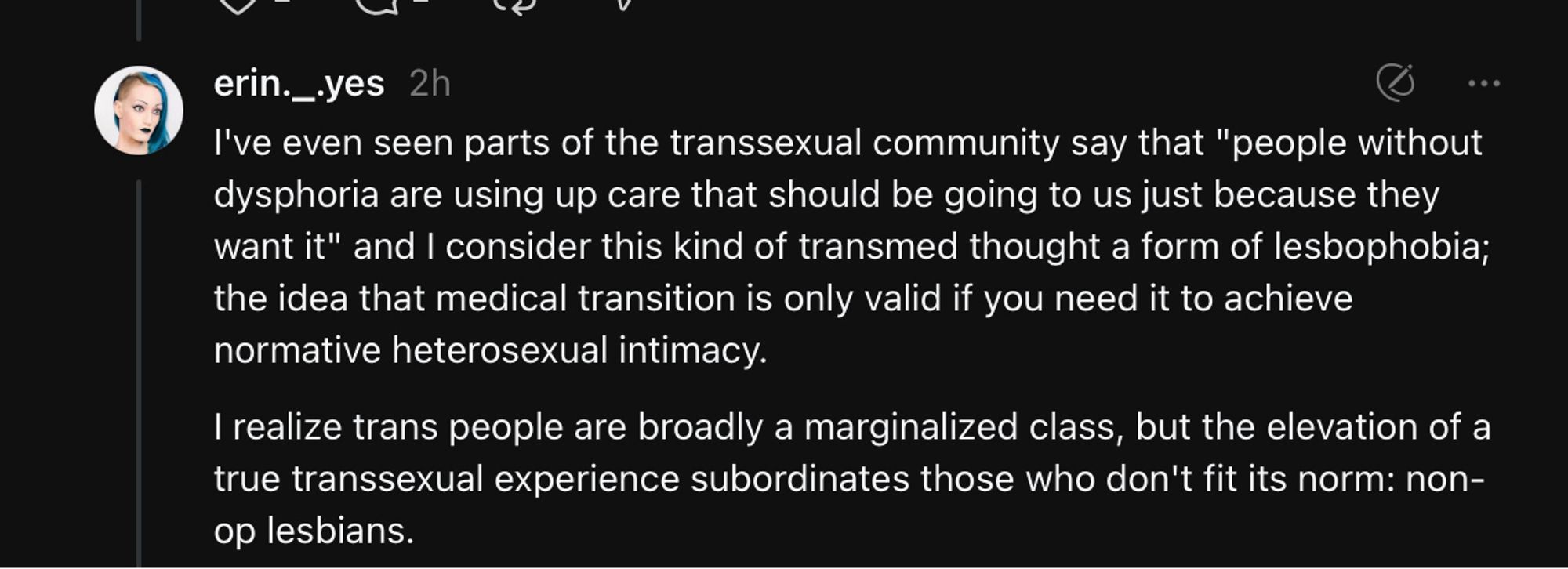 I've even seen parts of the transsexual community say that "people without dysphoria are using up care that should be going to us just because they want it" and I consider this kind of transmed thought a form of lesbophobia; the idea that medical transition is only valid if you need it to achieve normative heterosexual intimacy.
I realize trans people are broadly a marginalized class, but the elevation of a true transsexual experience subordinates those who don't fit its norm: non-op lesbians.