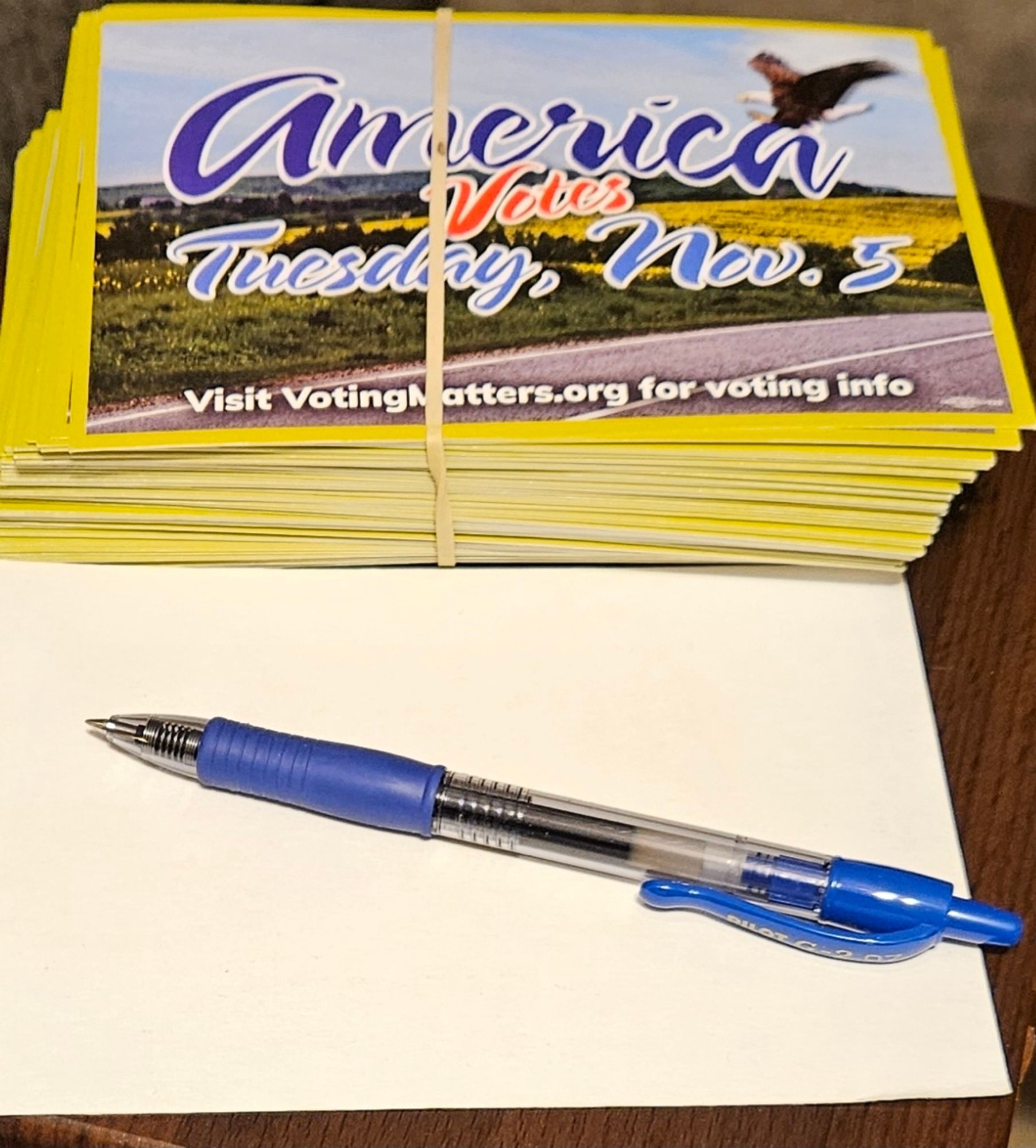 Stack of postcards that on one side has and image of a field with yellow flowers, a bit of road in the foreground, and a bald eagle flying across with the text: America Votes on Tuesday, November 5. Visit votingmatters.org for voting info. One postcard shows the blank reverse side with a blue pilot G2 pen resting on top of it, waiting to be written.