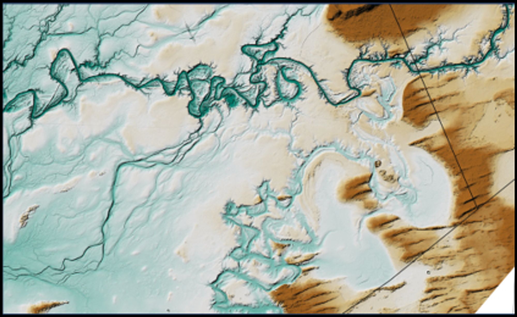 teal/white/brown digital elevation model of the avulsion point where the Darling River main channel diverges from the prior stream