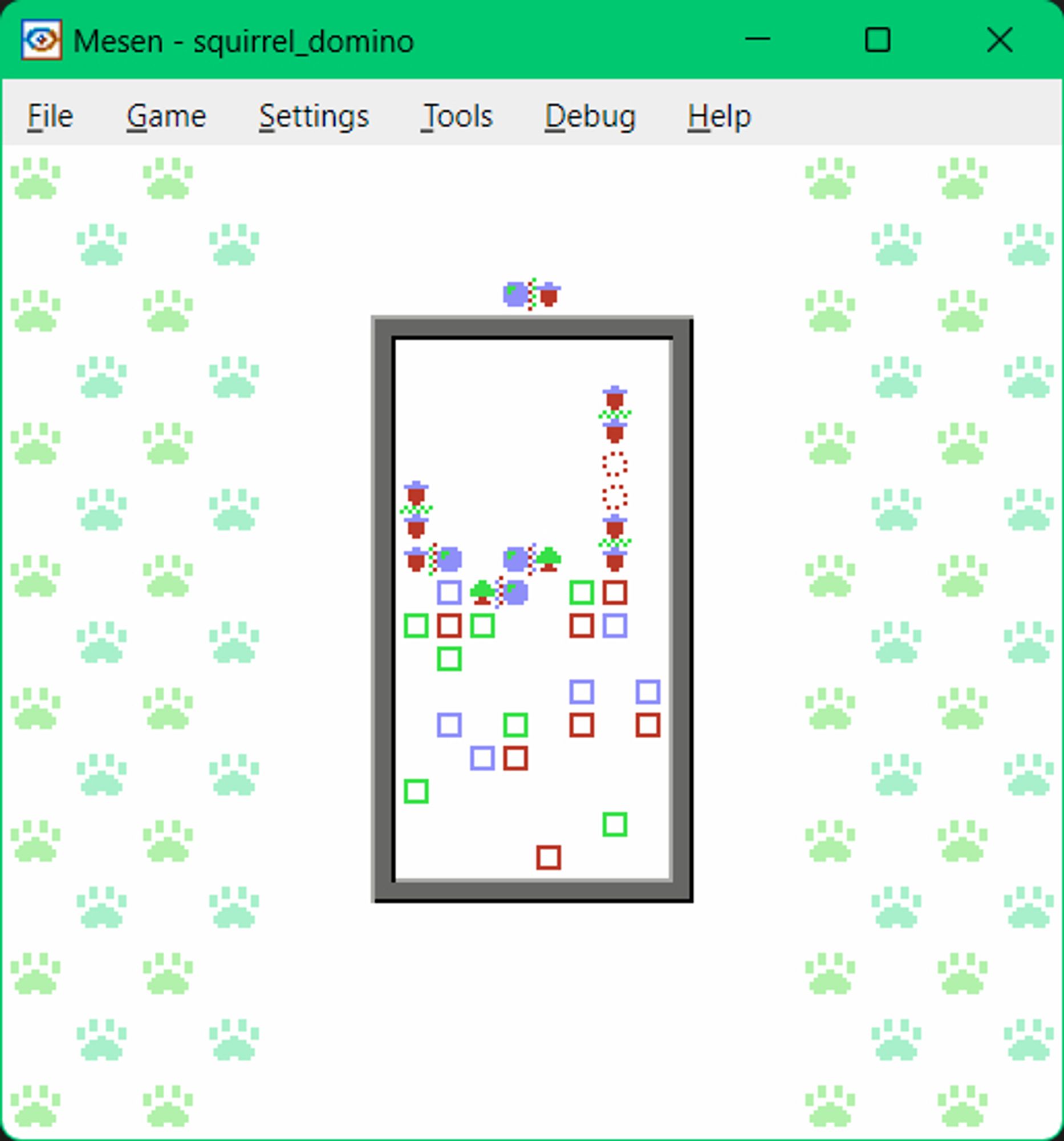 screenshot of a very simple Dr. Mario clone for NES, with a playfield on top of a white background with green pawprints on it