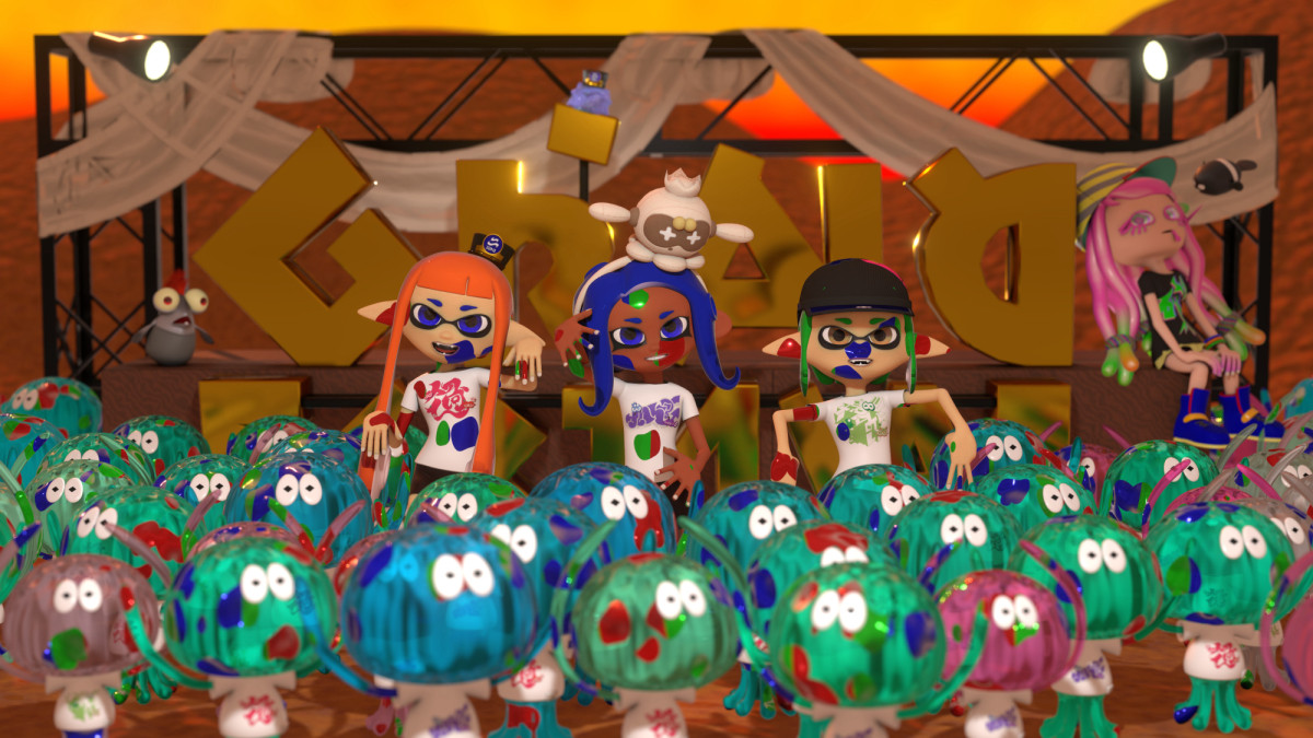 Members of Teams Past, Present, and Future celebrating the Splatoon 3 Grand Festival! Also featuring Little Buddy, C.Q. Cumber, and Harmony.