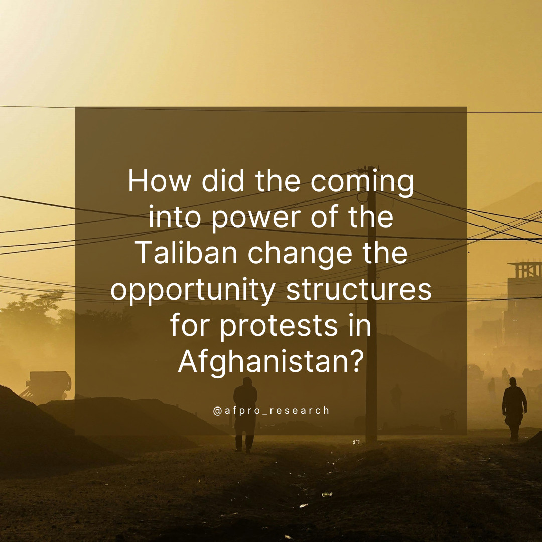 In the foreground, the research question is written: "How did the coming into power of the Taliban change the opportunity structures for protests in Afghanistan?". In the background are silhouettes of people walking through Kabul in the evening as well as silhouettes of some buildings and trees.