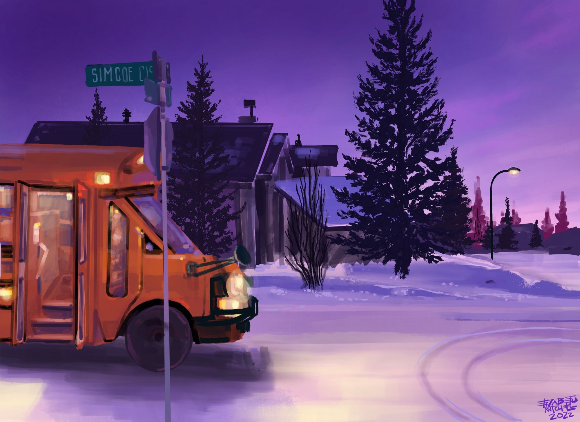 Snow blankets ground and a school bus forges through the chill pre-dawn, opening a door and beckoning. Tire tracks cut through the snow, which is drifted up at the sides of the roads. 

A digital painting painted in Procreate. HumanMade.