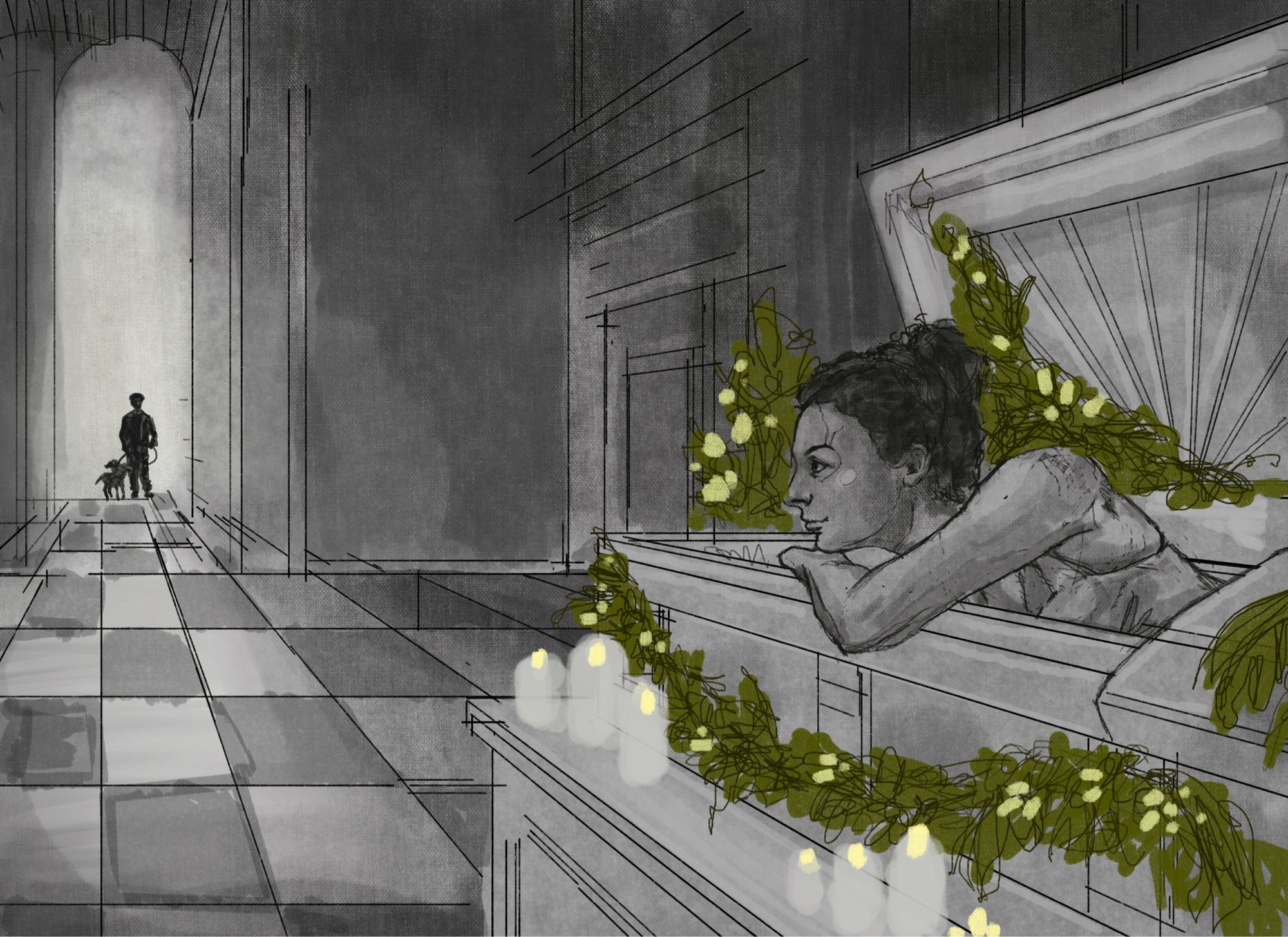 A curly haired woman peeps over the edge of her greenery strewn coffin. Candles sit on the catafalque next to her. She is in a darkened church and in the sunlit doorway a man holding three leash of a three headed dog waits for her.