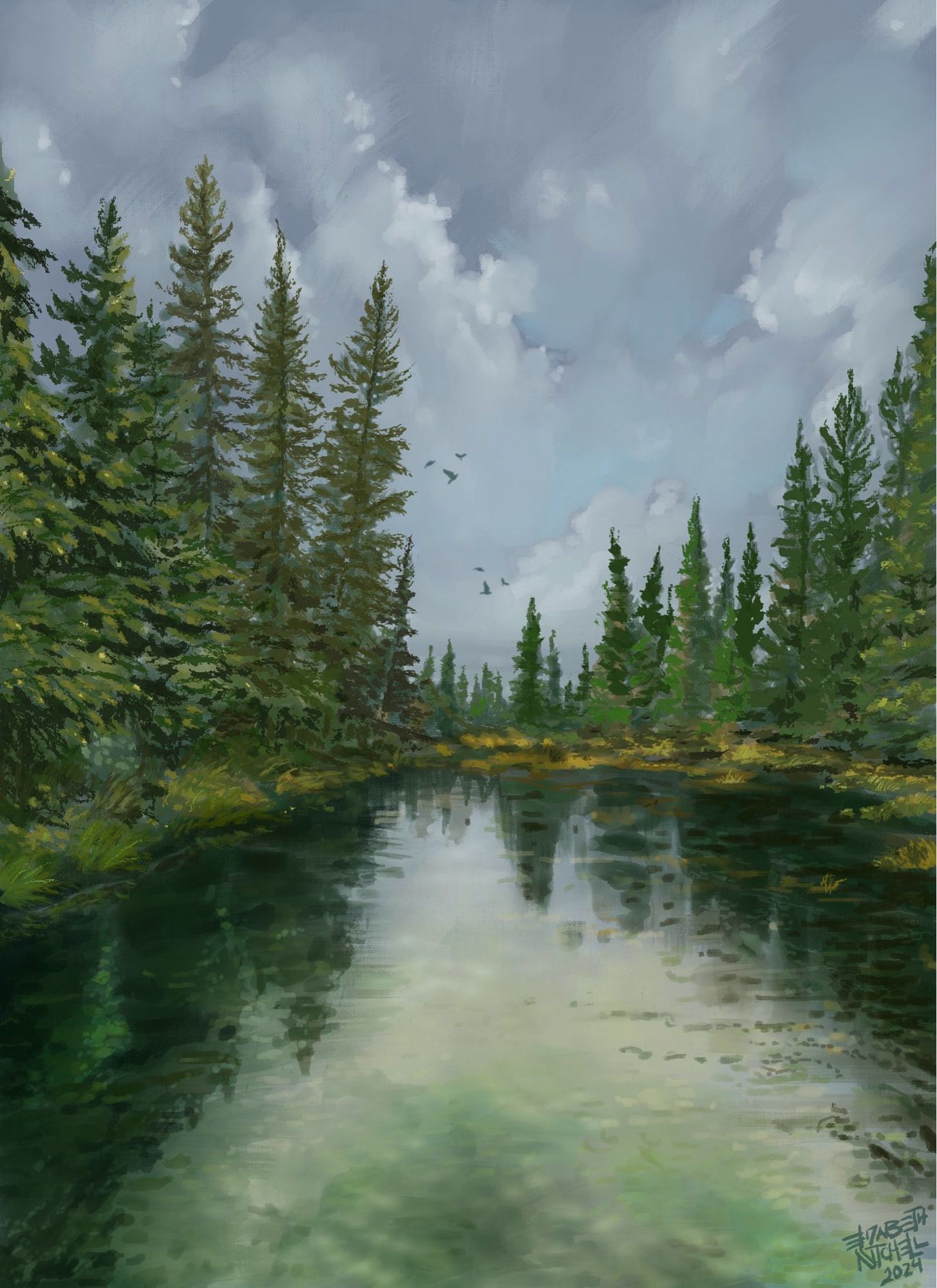 Lightly rippling waters in Yellowstone reflect banks of large conifers under an overcast sky. Birds fly overhead. 

A digital painting painted in Procreate. HumanMade.