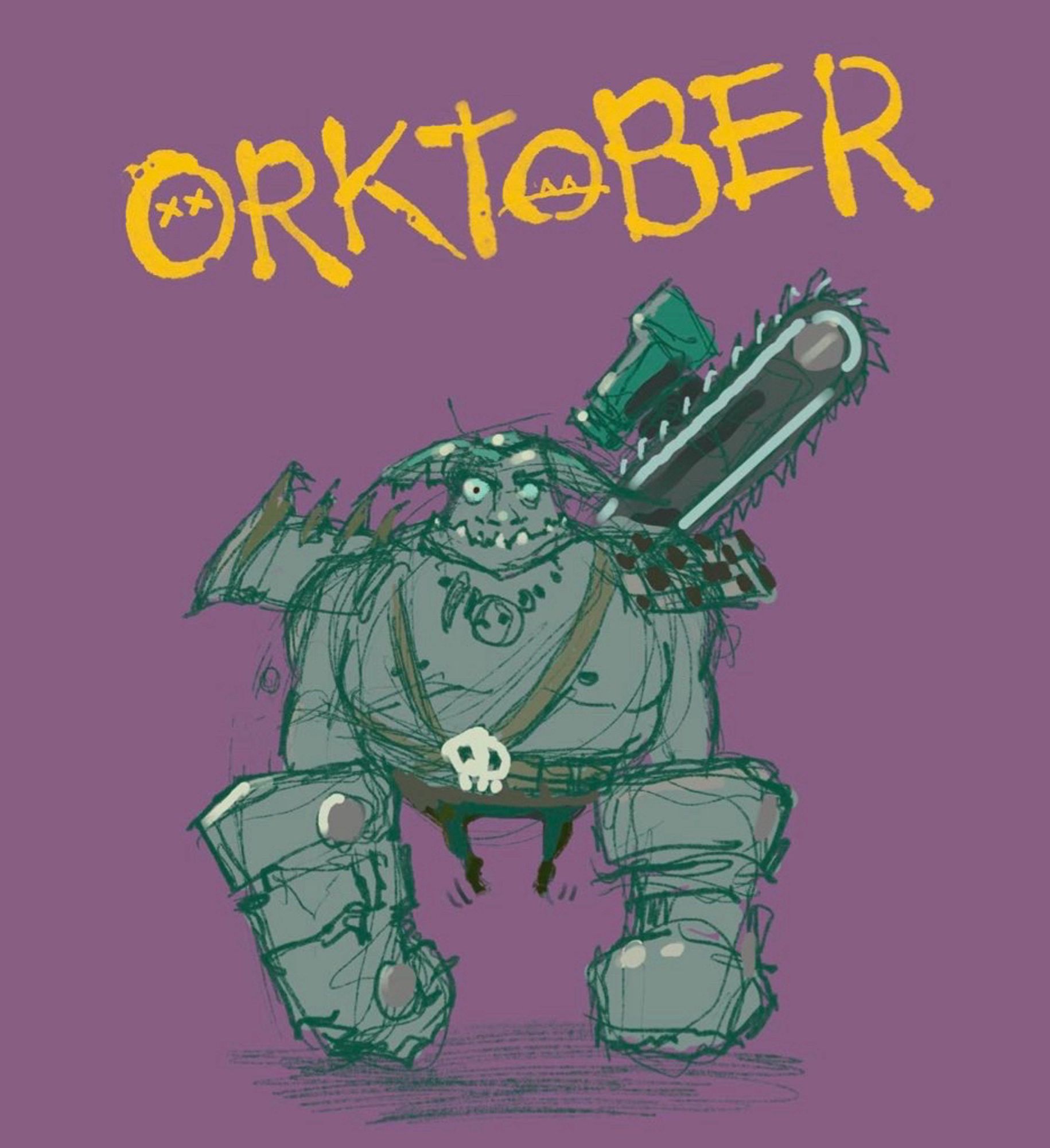 A sketch of an ork. He has floppy ears, an under slung jaw, & eyes that are a bit too protruding. He’s wearing mismatched pauldrons, a harness with a skull buckle, a necklace with teef & other bits n bobs, a chainsaw with a scope on it, and gigantic gauntlets so huge that his tiny chicken legs can’t touch the ground, and are indeed kicking and flailing. He does not know why you are giggling.