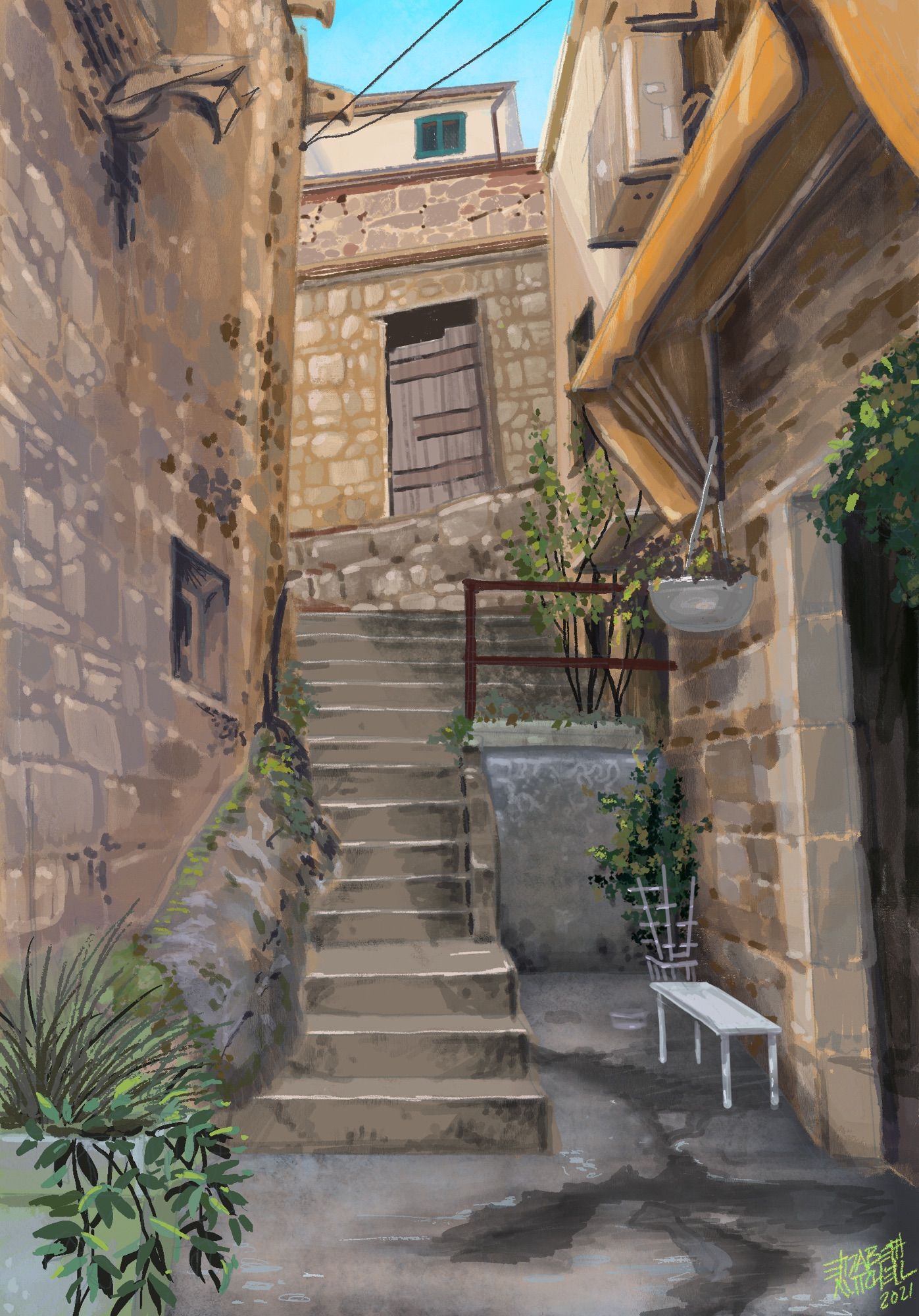 A stone stairway in a Croatian twin passes between buildings. Potted plants and shrubs lend a little hint of lushness to these shadowy stone streets. The walls are warm. 

Digital painting painted in Procreate. HumanMade