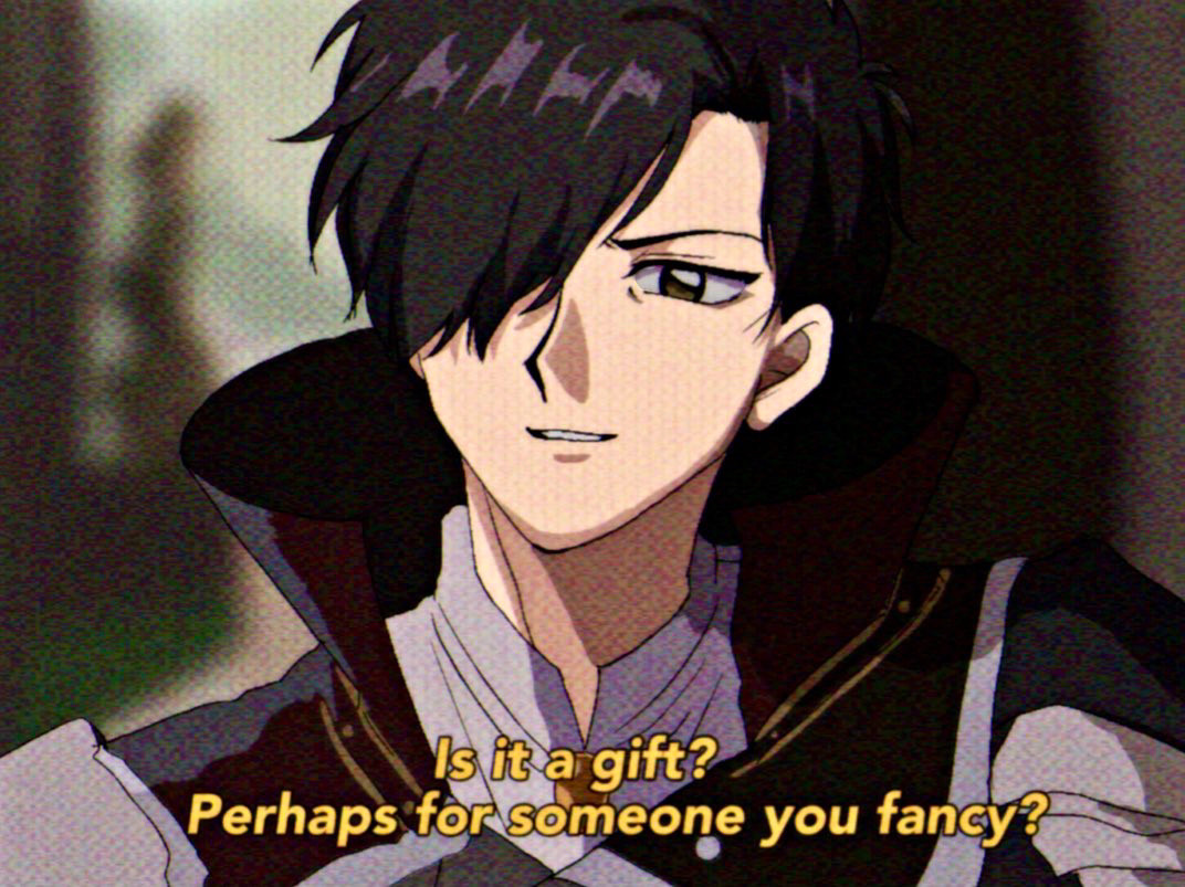 In old anime style, Hubert asking Is it a gift? Perhaps for someone you fancy? 