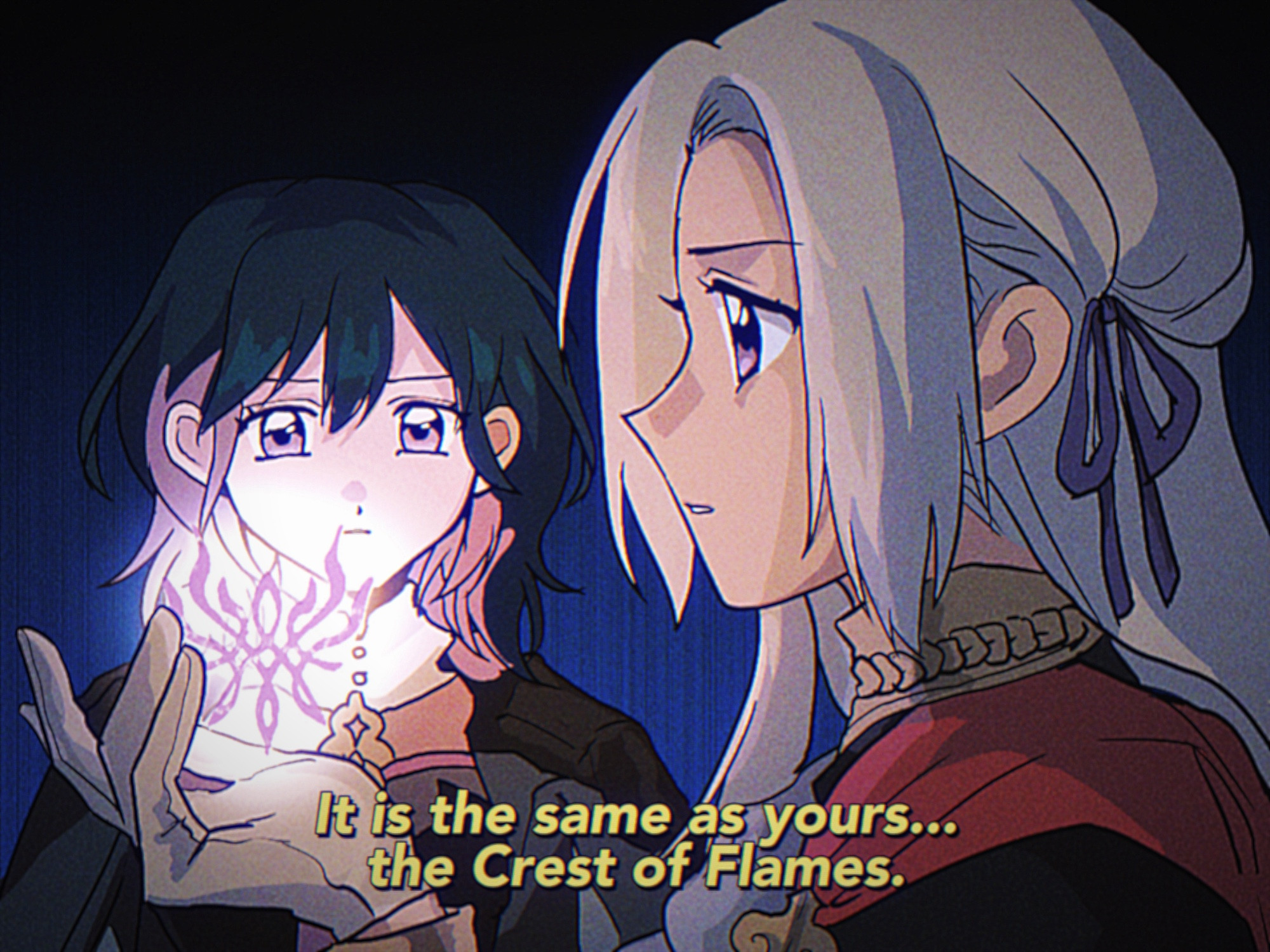 In old anime style, edelgard showing her crest of flames to Byleth, saying “it is the same as yours… the Crest of Flames.”