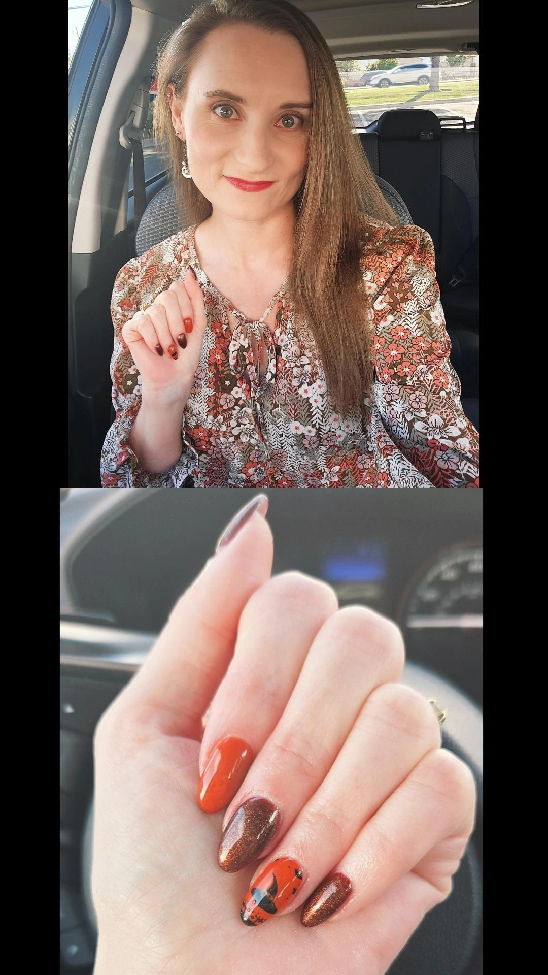 Caucasian, auburn haired, green-eyed woman wearing brown and orange flowered top holding up newly manicured nails, sparkly bronze on thumb, middle and pinky fingers, and rusty orange on pointer and ring finger, with a witch's hat painted on the ring finger nails