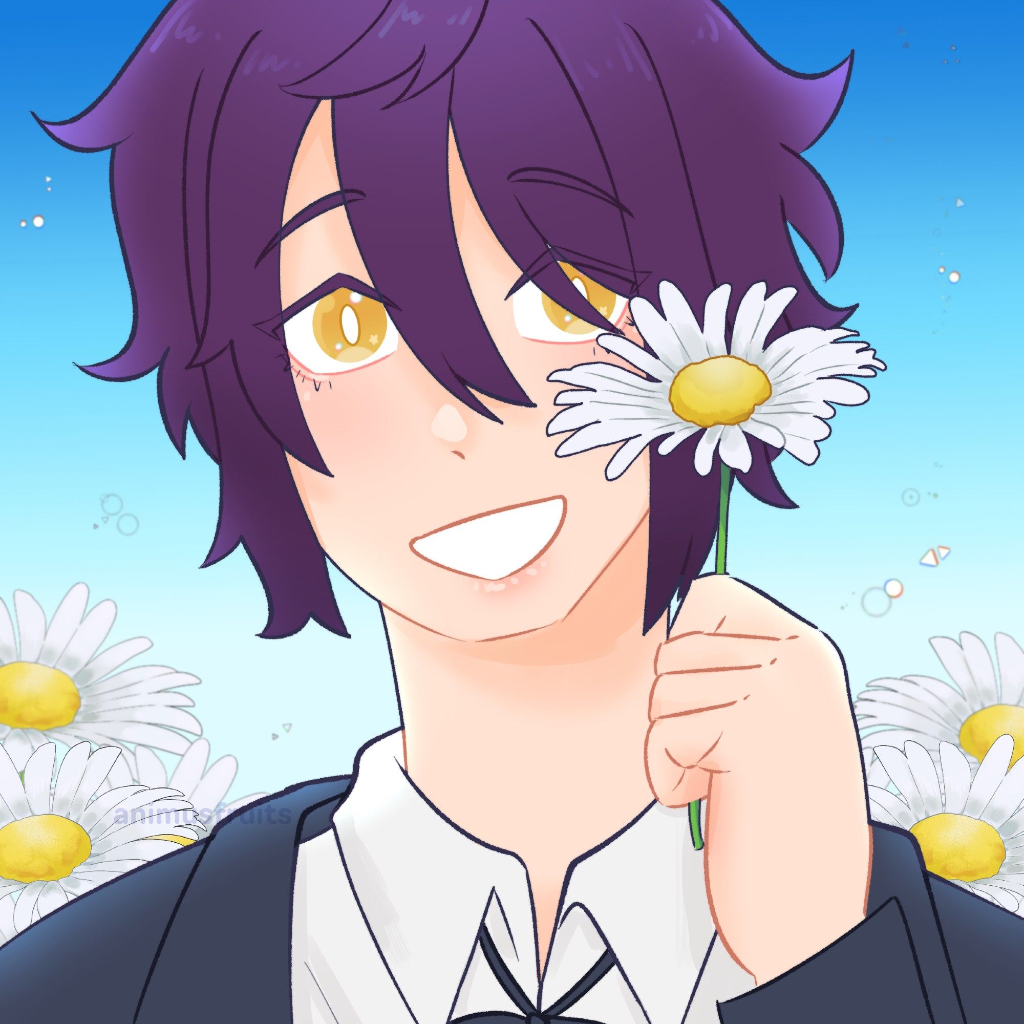 bust drawing of a young man with fair skin, purple hair and yellow eyes. He wears a white collared shirt with a blue coat and blue ribbon around his neck. He is holding a daisy to the left side of his face. behind him there is a blue gradient with blurry daisies