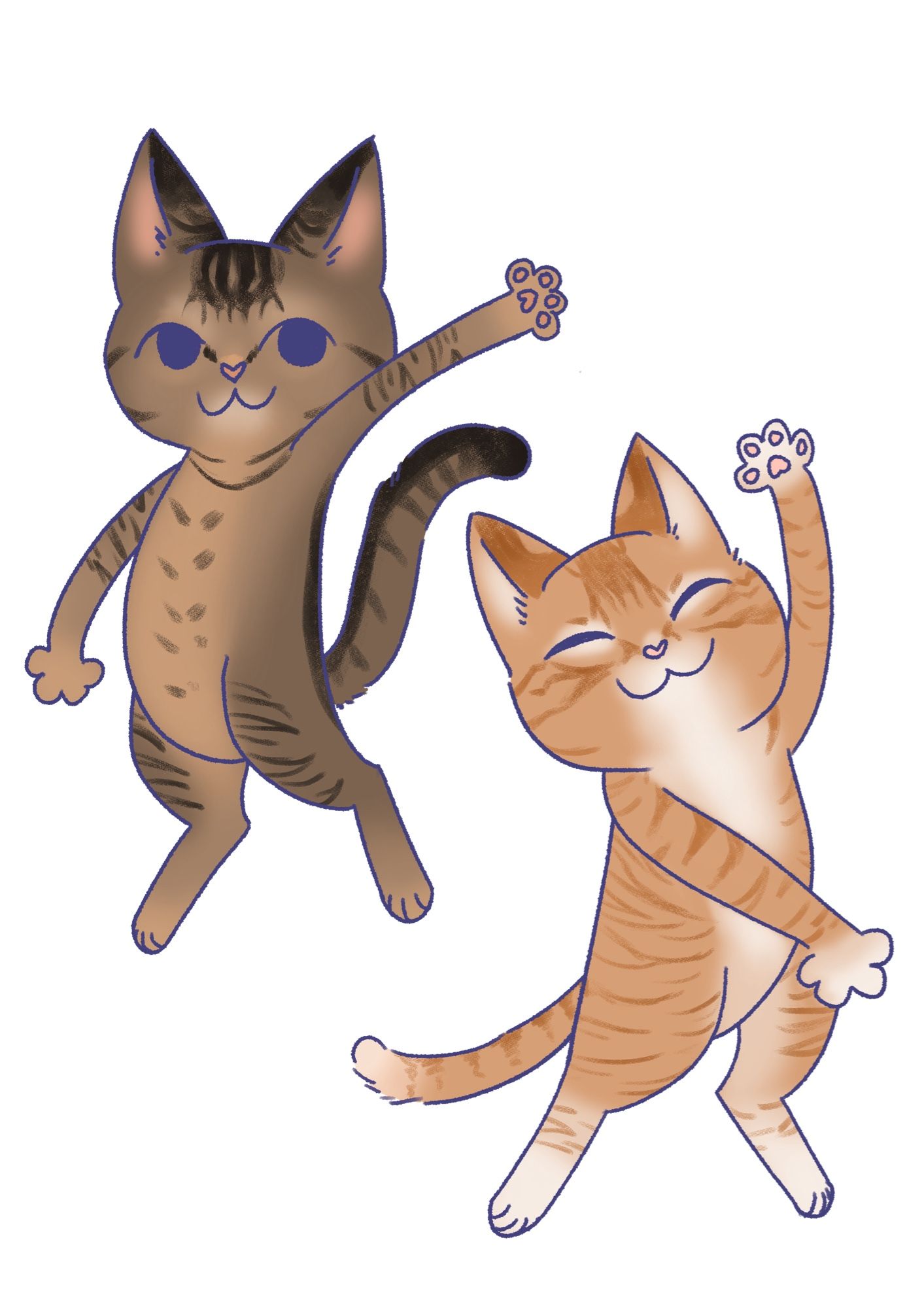 Two cats in dancing poses in an anime/cartoony style. One is a brown tabby with stripes and spots on its tummy, a dark stripe running down its back with its eyes open looking at the viewer. The other is an orange cat with stripes, white on its tummy and white “socks” on its legs as well as a white tipped tail. It has its eyes closed. Both have pink noses and paw beans