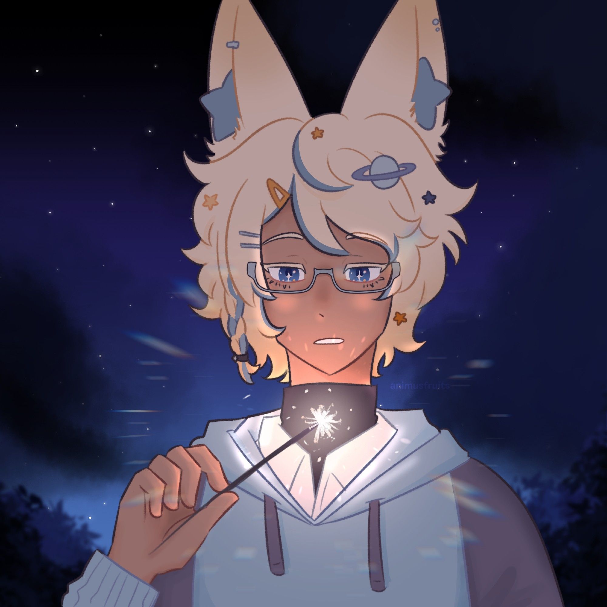 drawing of a young blond man with large animal ears, he has blue stripes in his hair. He has blue eyes and wears glasses. It is night time and dark, there is a starry background. The young man holds a sparkler that brings light to the piece