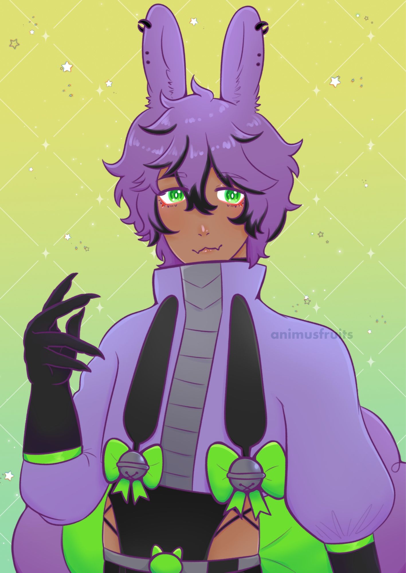 Bust drawing of a bunny boy. He has purple hair with black streaks, tan skin, and green eyes. His outfits is purple, black and neon green. He wears a cropped purple sweater that has black straps that have bells at the end along with neon green bows. He holds one of his hands up which reveals he is wearing black gloves.