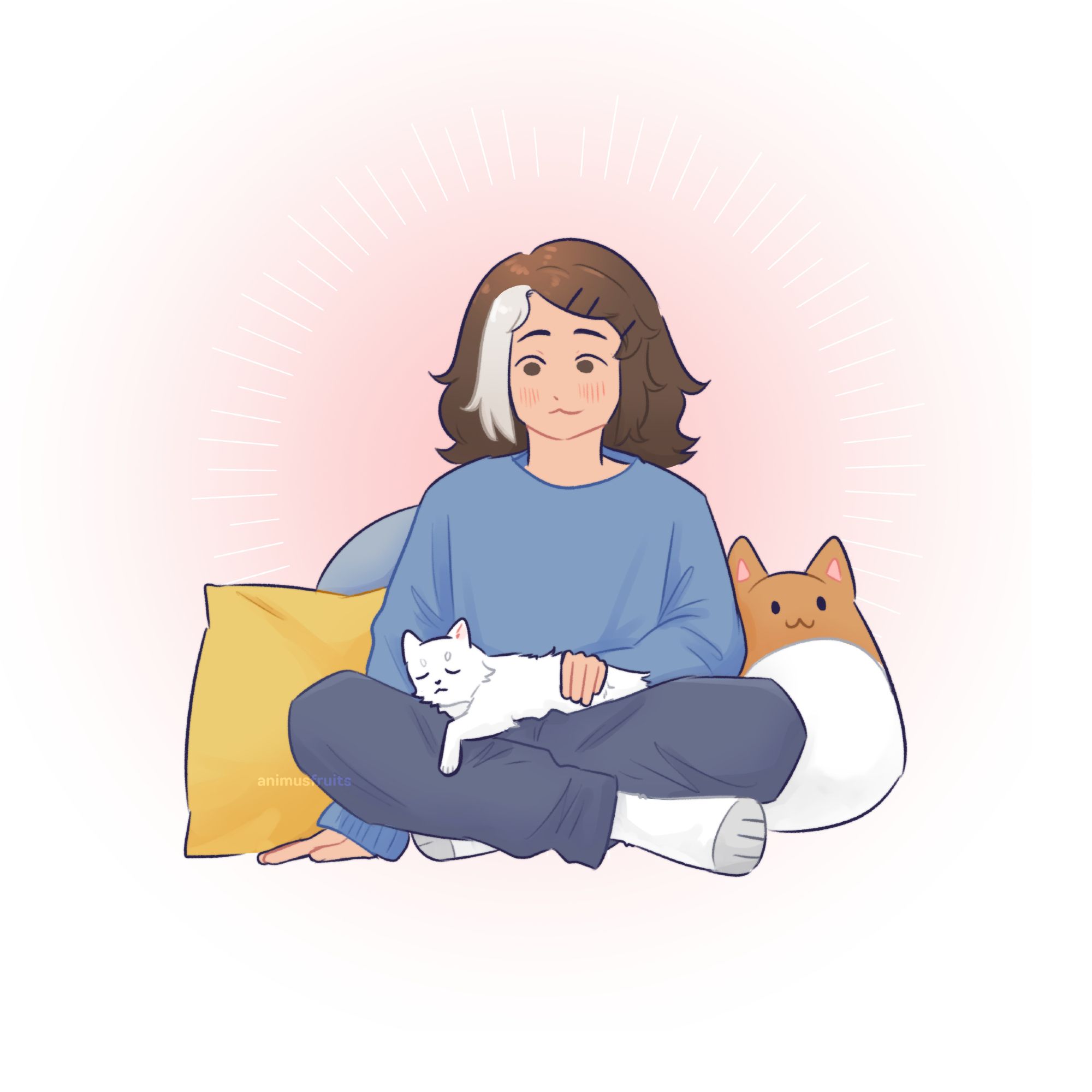 drawing of a charcter sitting criss crossed with a white cat in the middle of their lap. There are pillow hind them, one yellow, a round blue one and a orange and white squishmellow esq cat pillow. The character wheres a blue long sleeve shirt and some loose fitting dark blue pants.