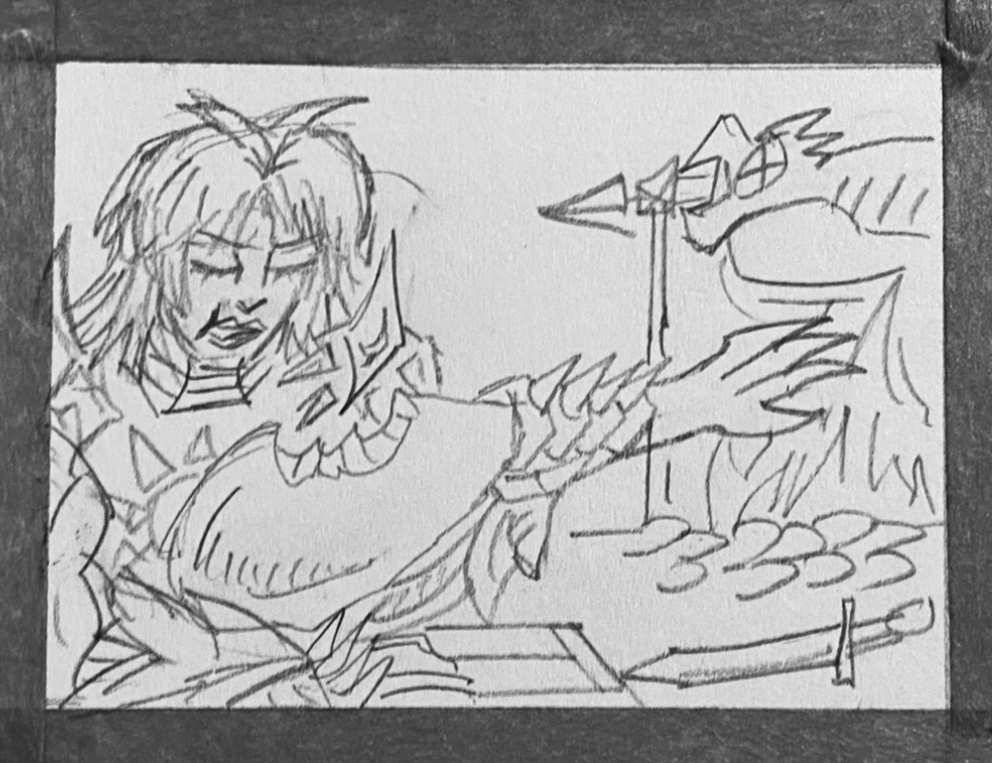 Pencil sketch of Renkora from DISMALIA eating a demon chicken leg at a campfire.