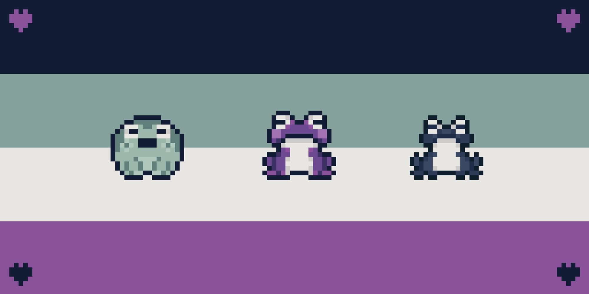 some mudborne frogs in grey/purple/black colors, on a background of the ace flag