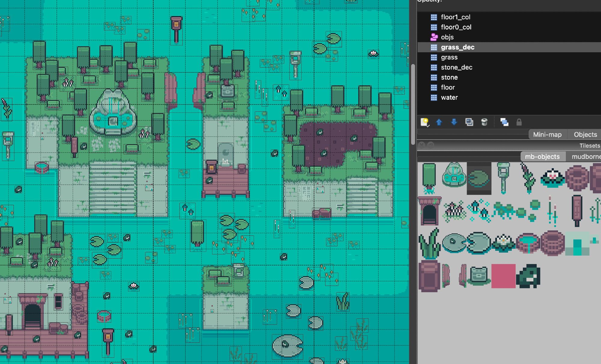 screenshot showing the level designer program, Tiled, with a map from Mudborne (my frog game)