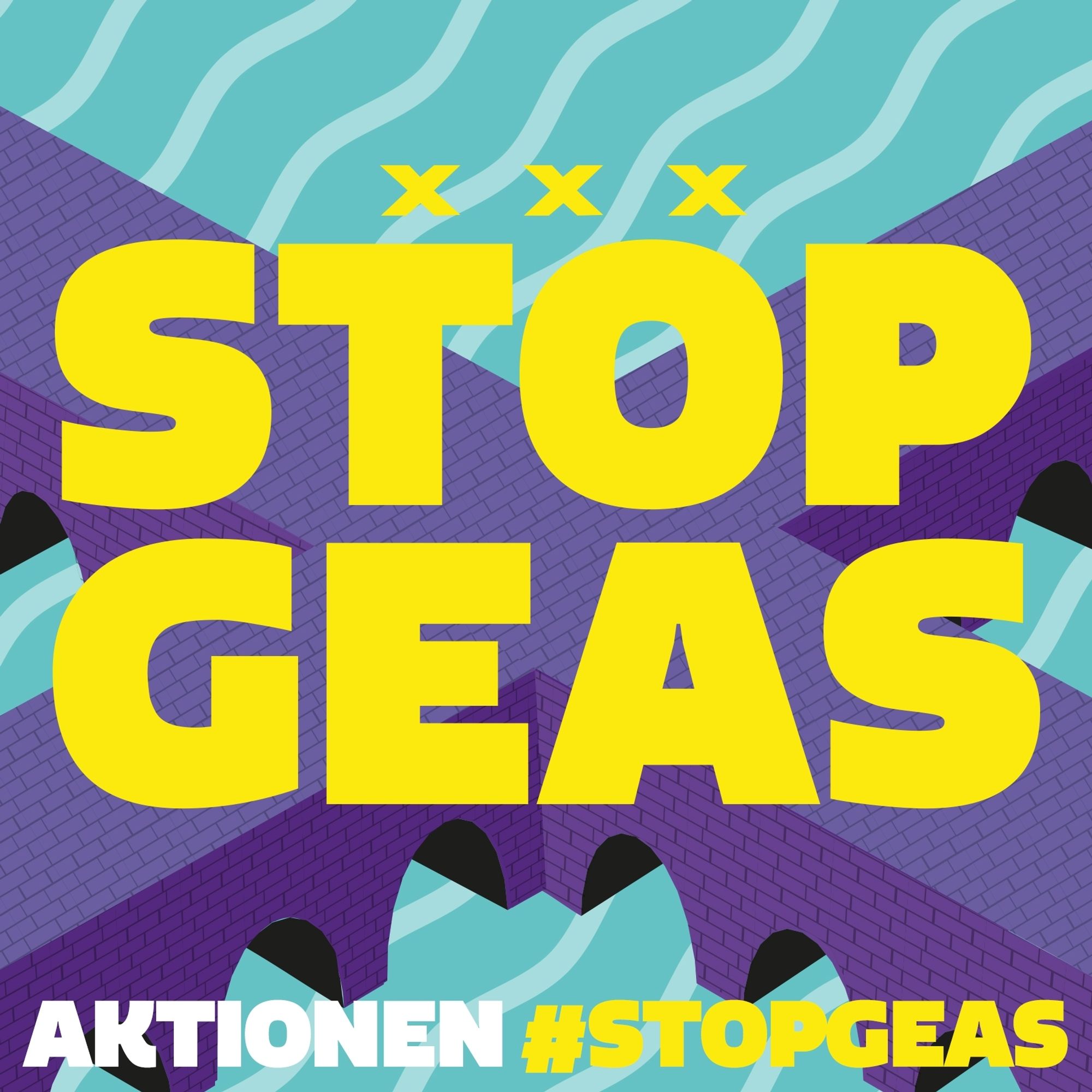 Graphic of two intersecting purple bridges and waves in the background. "Stop GEAS" is written in yellow with x x x above it on the crossing. At the bottom it says "Actions #STOPGEAS".