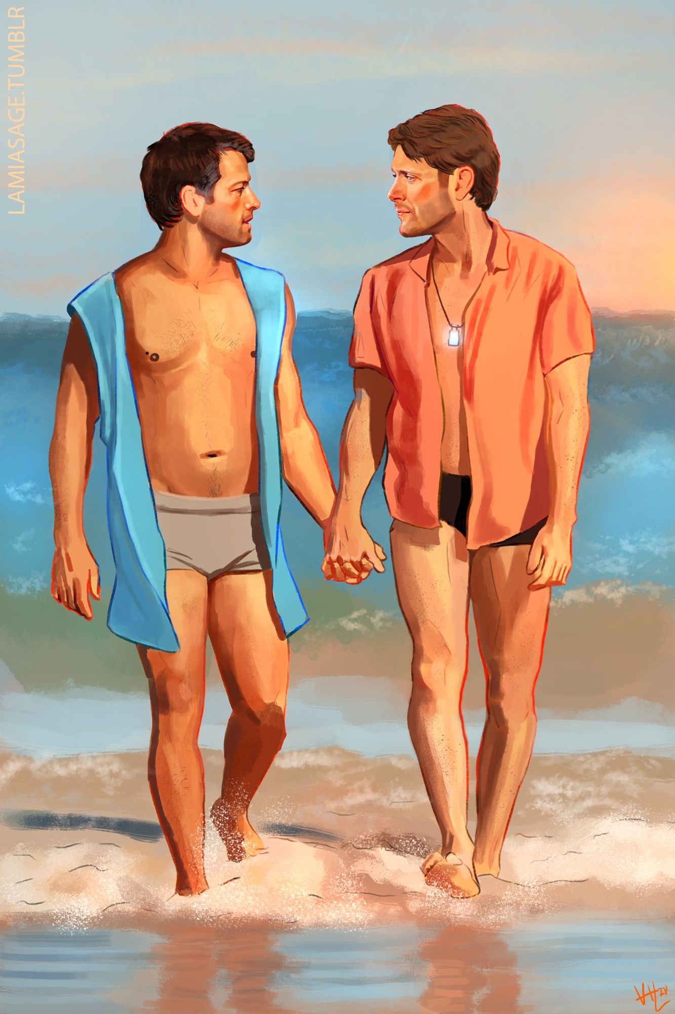 Digital painting of Dean and Castiel from Supernatural walking at the beach, holding hands and looking at each other.