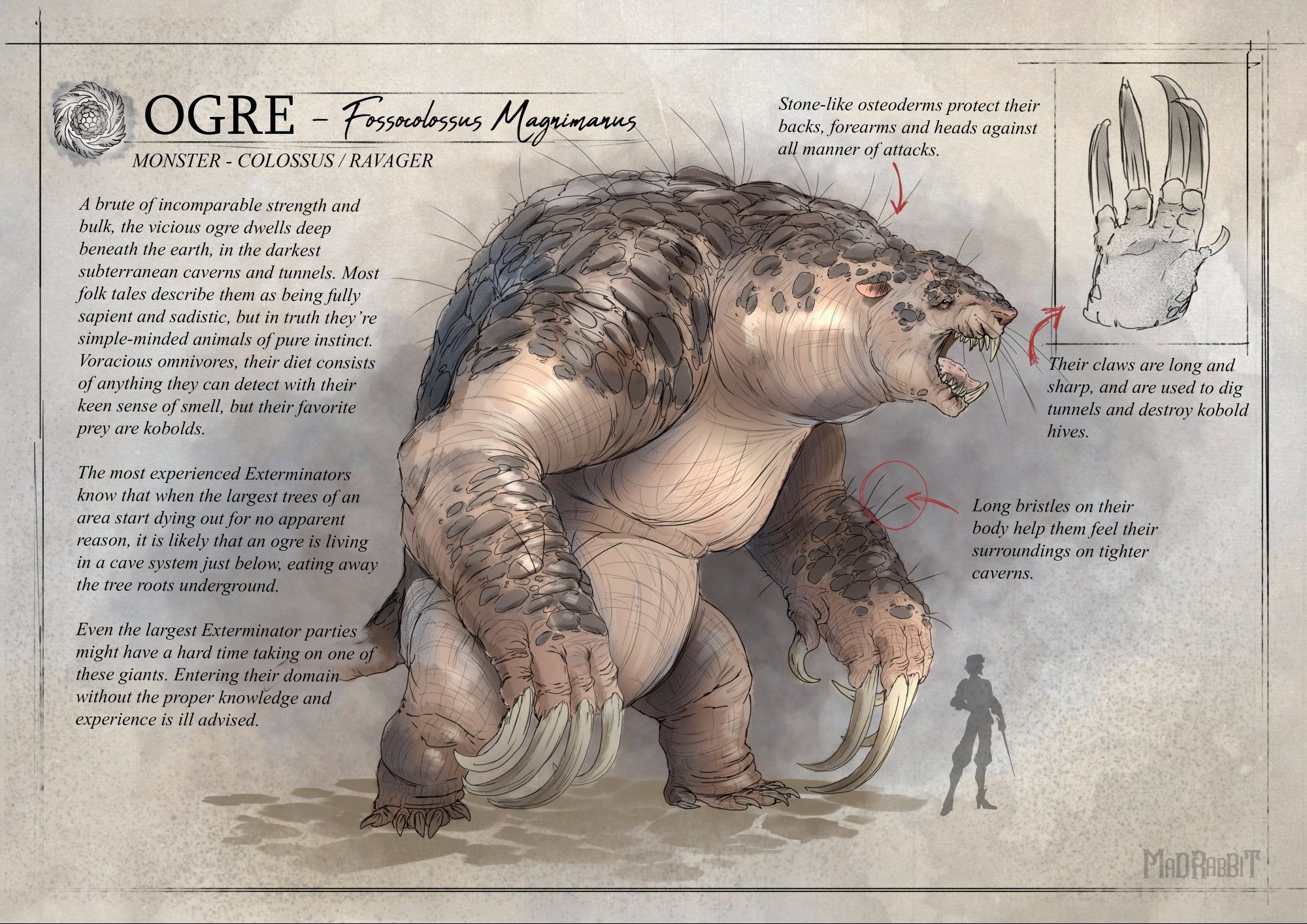 a bestiary page of an ogre. They're a giant sloth/mole like creature with huge claws.