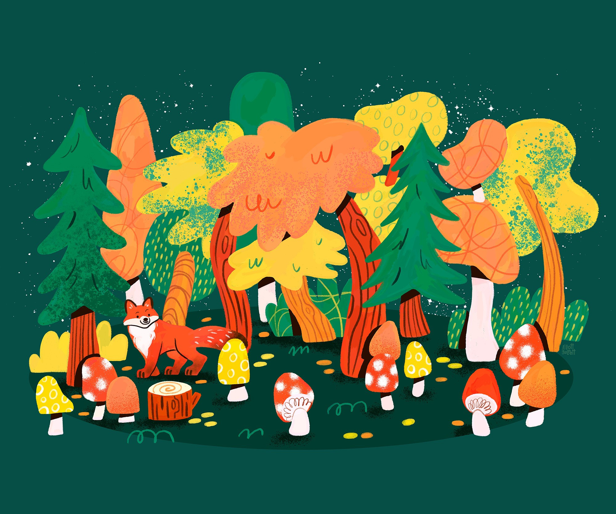 Digital illustration of a fox in a forest surrounded by colourful and patterned trees and mushrooms. 