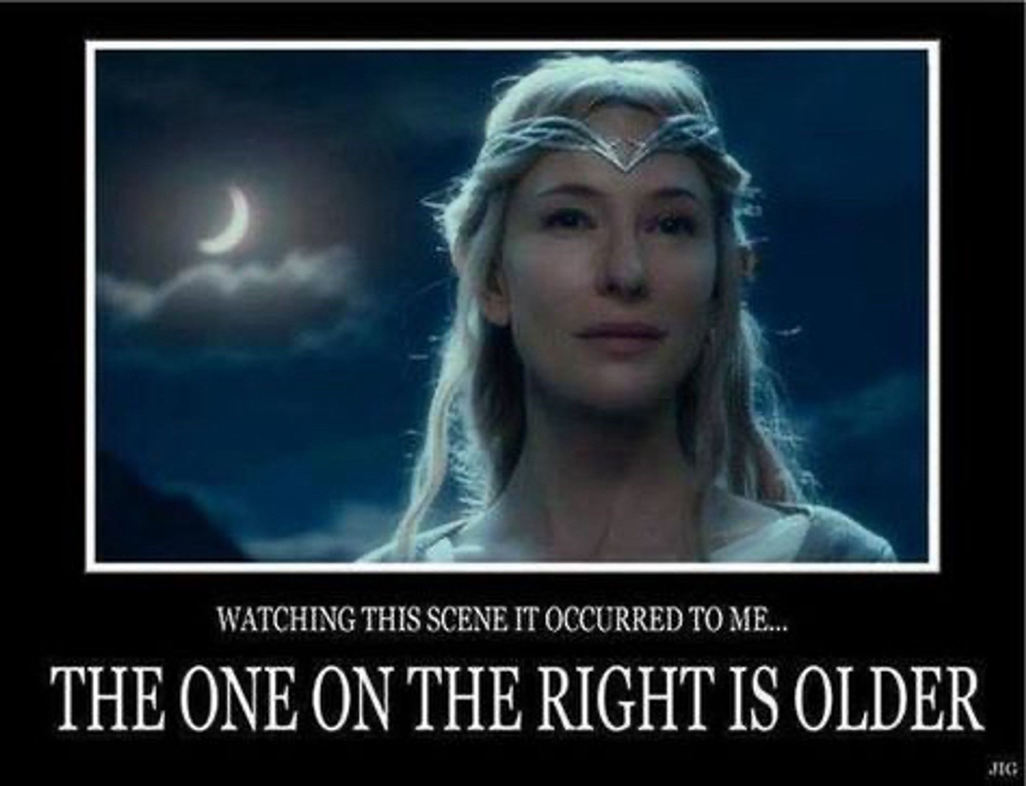 Clip of Galadriel with the crescent moon over her right shoulder, caption reads in part “. . . The one on the right is older.”