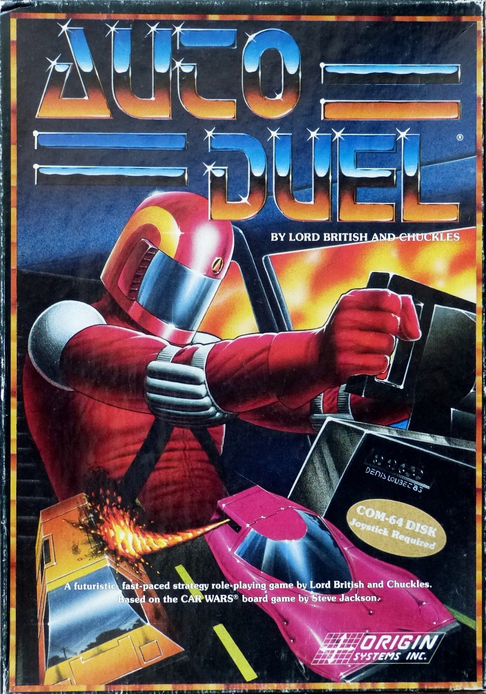 The cover for Autoduel, by Origin Systems Inc. Reused the art from Car Wars. A driver in a red costume looks off towards the right while below, two cars battle. One yellow car gets torched by a hot pink sedan.