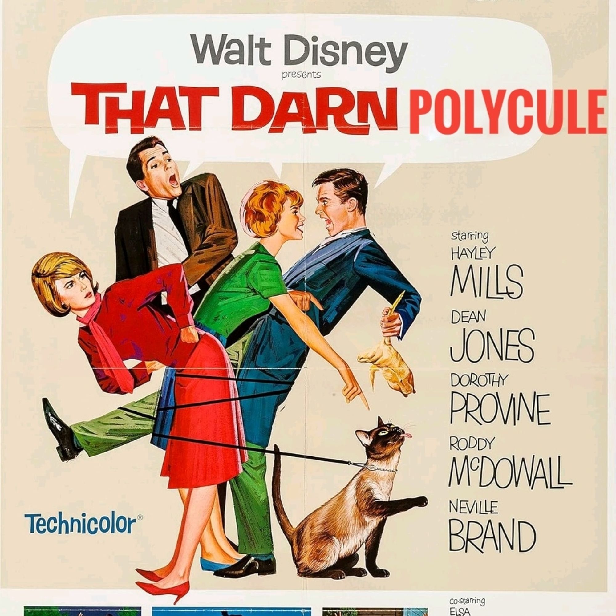 crudely edited movie poster for Disney's That Darn Cat (1965) to change the title to That Darn Polycule because the 2 couples on the poster for this family film are humping