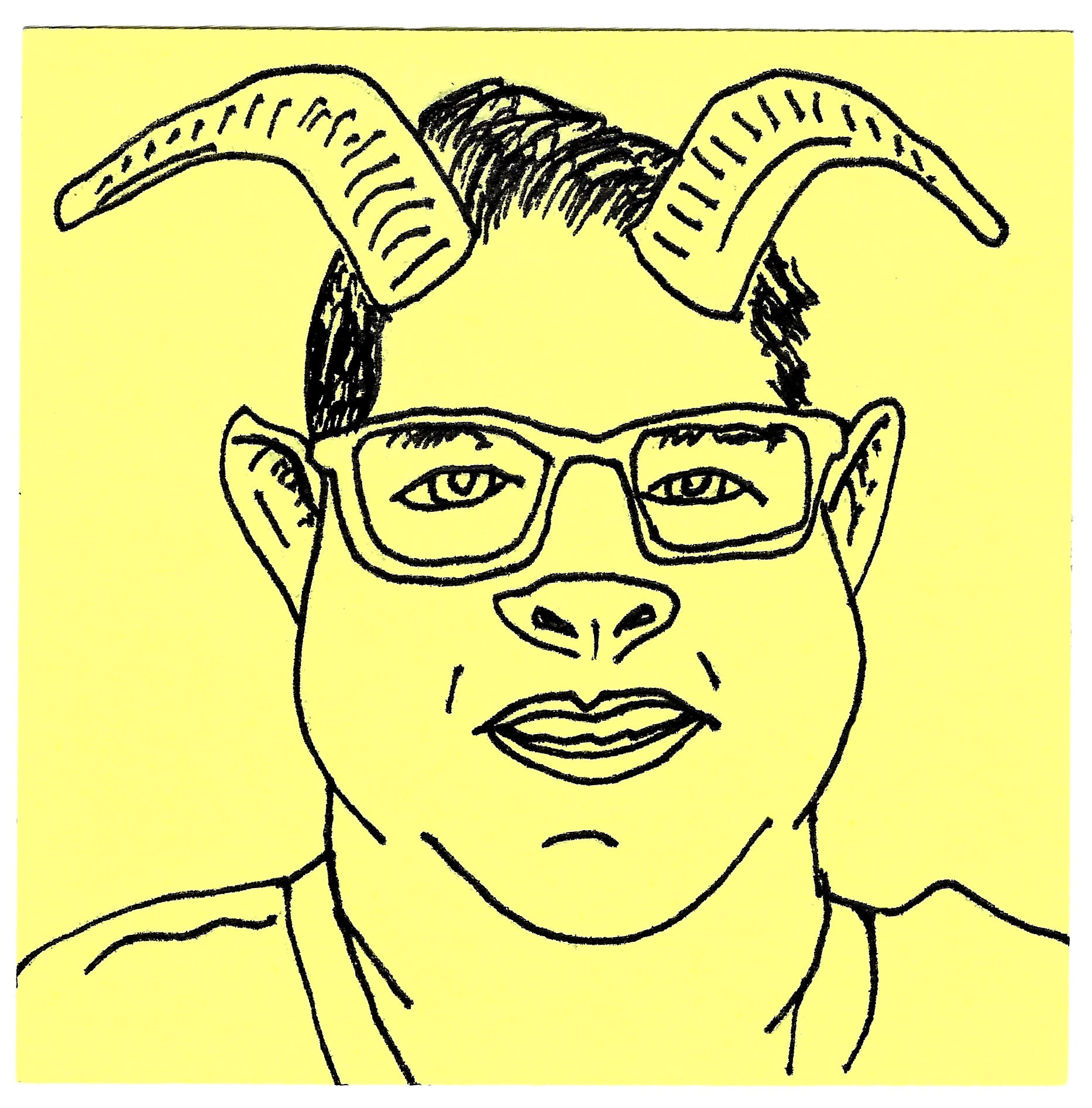 sticky note drawing of notable lesbian renee as seen on showtime show work in progress with horns, clear glasses, pointy ears, and goat nose 