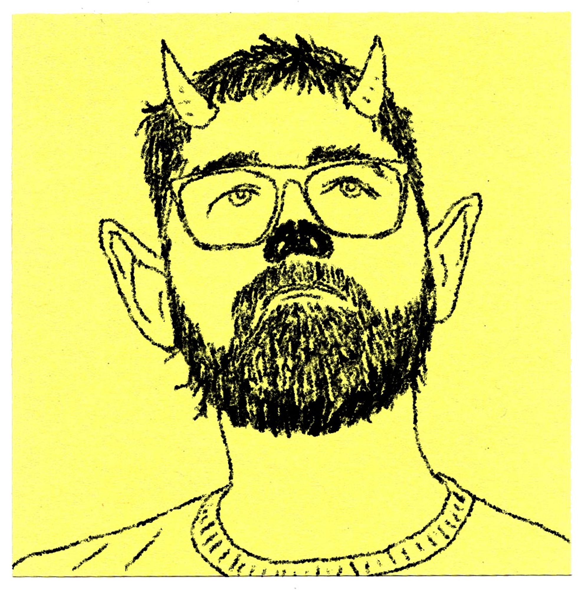 digital sticky note illustration of a bearded glasses wearing satyr